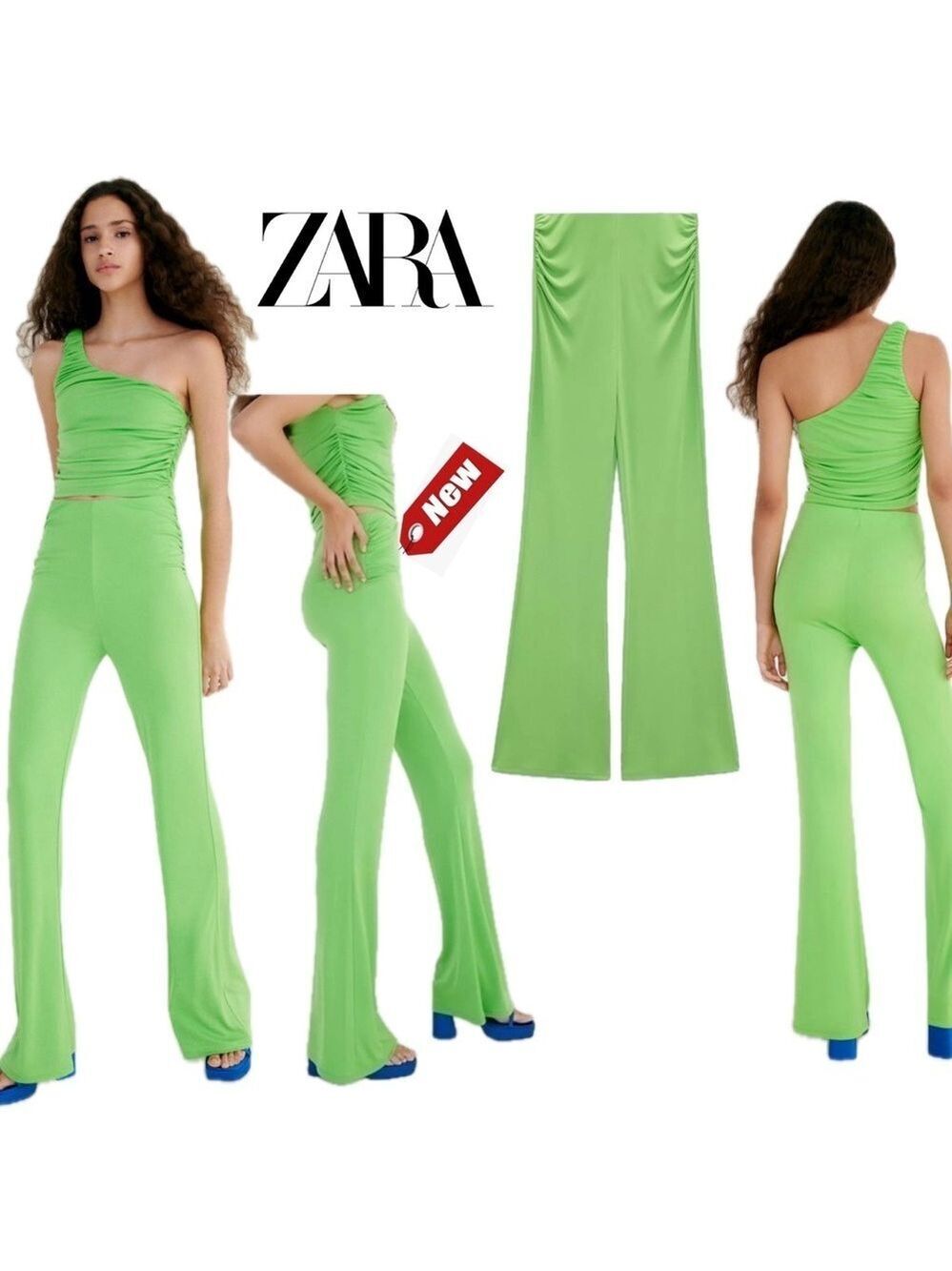 Zara neon green high waisted ruched stretchy pull-on flare pants Sz S NWT